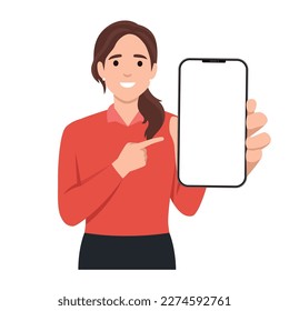 Woman showing blank smartphone screen and pointing on it. Flat vector illustration isolated on white background