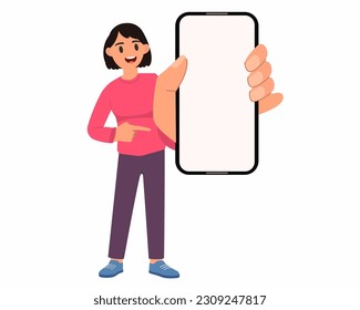 Woman showing blank smartphone screen and pointing on it Vector flat illustration