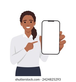 Woman showing blank smartphone screen and pointing on it. Flat vector illustration isolated on white background