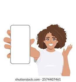 Woman Showing Blank Smartphone Screen. Smiling Woman Writing on Tablet. Flat vector Character Illustration