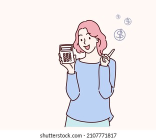 Woman showing calculator device smiling happy pointing with hand and finger. Hand drawn in thin line style, vector illustration.