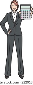 A woman showing a calculator sticking out, full body.