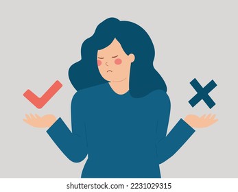 Woman showing a check mark or an approval and disapproval signal. Client reviewing a service or product and hesitating between a negative or a positive sign. Customer feedback or review concept.