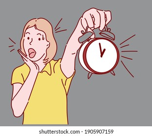 Woman is showing clock, Urgent work. Time out concept. Hand drawn in thin line style, vector illustrations.