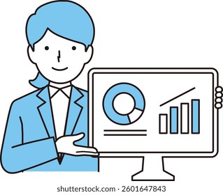 A woman showing computer data