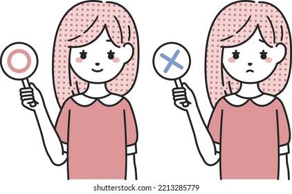 Woman showing correct and incorrect answers