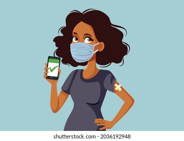 Woman Showing Digital Health Passport Vector Illustration

Vaccinated person showing online green pass certificate for travel authorization during coronavirus pandemic
