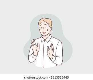 Woman Showing Discomfort and Refusal with Hands Raised. Hand drawn style vector design illustrations.