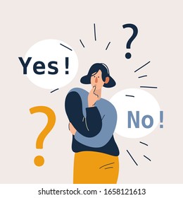 Woman showing doubts. Female character can not make decision. Yes and now right and left side. Flat cartoon vector illustration in modern concept. 