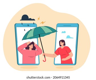 Woman Showing Empathy To Sad Friend Over The Phone. Psychotherapy Counselor Giving Comfort, Help To Girl In Depression Flat Vector Illustration. Mental Health Care, Online Psychology Therapy Concept