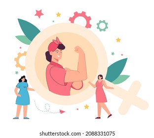 Woman showing fist and bicep as sign of female empowerment. Feminists and huge female symbol flat vector illustration. Feminism, girl power concept for banner, website design or landing web page