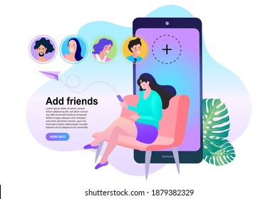 Woman showing friend request icon on couch. Add Friends Social Media Graphic Concept. Connect with people on smart phone. Illustration. vector.