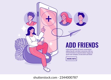 Frauen zeigen Freund Anfrage Symbol auf dem Sofa. Hinzufügen von Freunden Social Media-Grafik-Konzept. Verbinden Sie sich mit Menschen auf dem Smartphone. Empfehlungsprogramm. Social Media Marketing. mobile App. Illustrationsvektor.