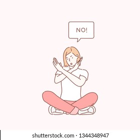 Woman is showing a gesture No. Hand drawn style vector design illustrations.