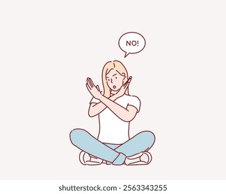 Woman is showing a gesture no. Hand drawn style vector design illustrations.	