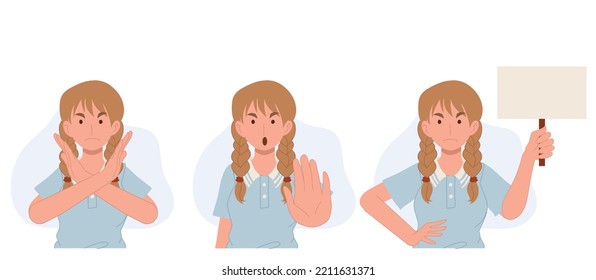 Woman is showing a gesture No. negative, opposite gestures set. woman protested holding a sign with the words No. no concept. vector illustration.