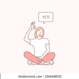 Woman is showing a gesture Okay. Hand drawn style vector design illustrations.