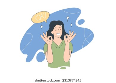 woman is showing a gesture Okay, ok. Hand drawn style vector design illustrations
