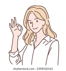 woman is showing a gesture Okay, ok. Hand drawn style vector design illustrations.
