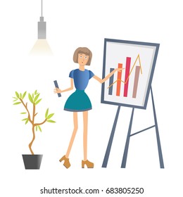 A woman is showing a graph. Business presentation in the office of the company. Vector illustration, isolated on white background.