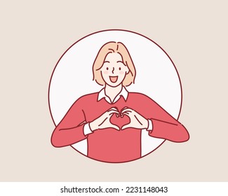  woman showing heart gesture with two hands.  Hand drawn style vector design illustrations.