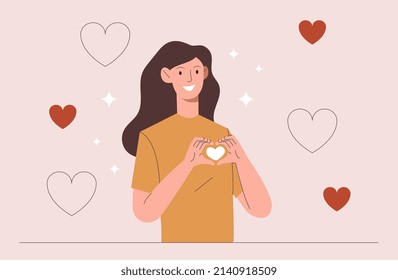 Woman showing heart. Romantic poster or banner, valentines day invitation card. Flirt and positive emotions and gestures. Care and support, tenderness and happiness. Cartoon flat vector illustration