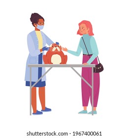 Woman showing her pet dog to veterinarian doctor, flat vector illustration isolated on white background. Pets health care and veterinary professional consultation.