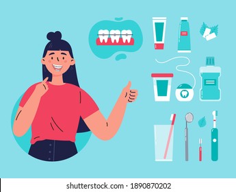 Woman showing her smile with dental braces. Attractive girl with various accessories for daily dental care.Toothbrush, dental floss, mouthwash, braces, chewing gum. Vector cartoon illustration.