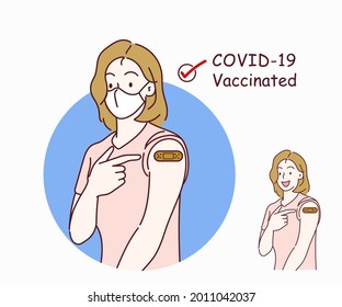 Woman showing his arm with band aid after coronavirus Covid-19 vaccine, wearing medical mask. Hand drawn in thin line style, vector illustrations. (A Mask can be removable)