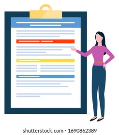 Woman showing information on clipboard vector, isolated female character presenting data analysis. Worker assistant with info on board, paper document, business report flat style personage secretary