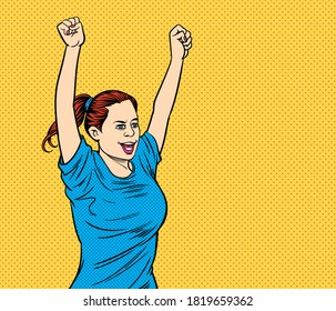A woman showing joy, raising both hands. Pop art vector illustration