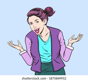 A woman showing joy, raising both hands. Pop art vector illustration