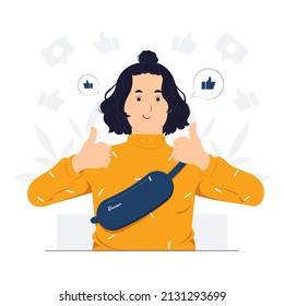 Woman showing like hand sign, feedback, public approval, joy, success, approval, happiness, and thumbs up symbol concept illustration