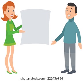 Woman showing man a large document. You can use as a template.