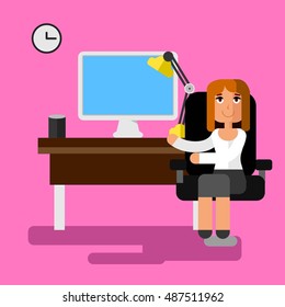 Woman showing the monitor at office vector flat illustration