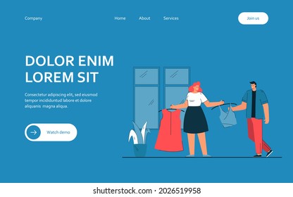 Woman showing new clothes to man. Wife showing new top and dress to husband. Clothes shopping. Shopping concept for banner, website design or landing web page