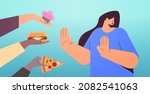 woman showing no stop gesture to junk food unhealthy nutrition junkfood addiction stop fast food concept