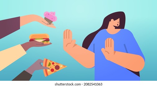 Woman Showing No Stop Gesture To Junk Food Unhealthy Nutrition Junkfood Addiction Stop Fast Food Concept