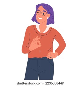 Mujer mostrando la señal de la autorización. Niña emocionada con gesto positivo, persona sonriente feliz lenguaje corporal ilustración vectorial plana en fondo blanco