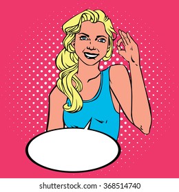 Woman showing okay success pop art comics retro style with Halftone.