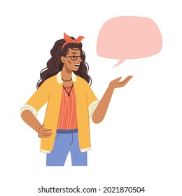 Woman showing on empty speech bubble info chat box, flat cartoon design. Vector big blank information dialogue chat, feedback and opinion, discussion message. Female in trendy cloth pointing on quote