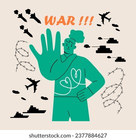 Woman showing palm as stop. Stop war, no war concept. Colorful vector illustration

