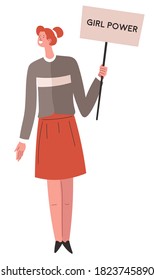 Woman showing placard, isolated protesting female character with banner. Feminism and support of gender equality of women, motivational phrase for fight for rights, feminist vector in flat style
