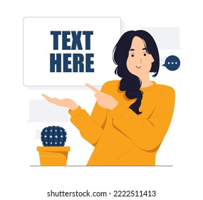 Woman showing and pointing fingers upper left and right corner with happy expression advices use this copy space wisely concept illustration