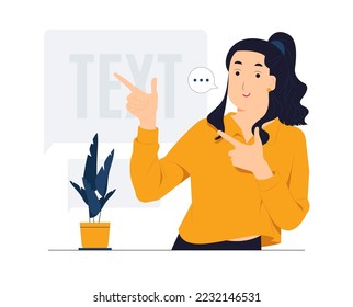 Woman showing and pointing fingers upper left and right corner with happy expression advices use this copy space wisely concept illustration