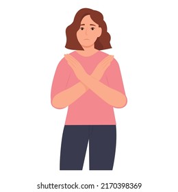 Woman  Showing Refusal or Stop Gesture with Crossed hands.Expressing Negative Emotions, Communication, Disagree Feelings Gesturing. Vector Illustration