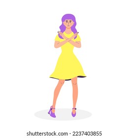 Woman showing refusal or stop gesture with crossed hands. Body language and nonverbal communication. Expressing Negative emotions, communication, disagree feelings. Break the bias. 
