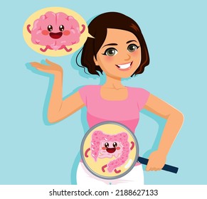 Woman showing regulation of digestive system. Presenting brain and zoom in stomach. Interconnected organs. Cartoon flat vector illustration