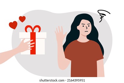 Woman showing rejection gesture to offered gift. Annoyed Girl declines present box with red ribbon from suitor. Dating, Holiday Celebration concept. Flat cartoon style vector design illustration.