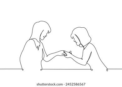 woman showing ring to another woman or lesbian engagement - one line art vector. concept women in love, woman admires her friend's engagement ring. Hand made vector not AI